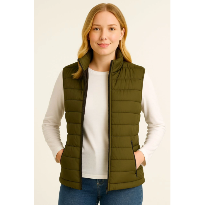 Şişme Fermuarlı Yelek Su Itici Kapitone Astarlı Kumaş Cepli Hafif Kışlık Spor Rahat Kalıp - Haki