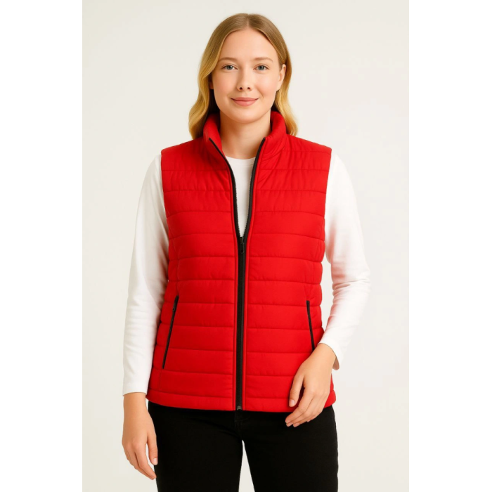 Şişme Fermuarlı Yelek Su Itici Kapitone Astarlı Kumaş Cepli Hafif Kışlık Spor Rahat Kalıp - Kırmızı