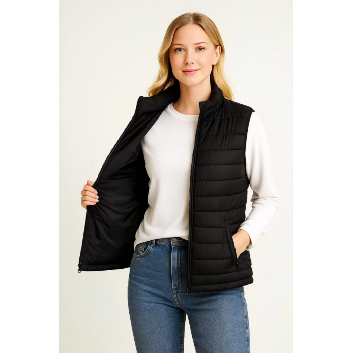 Şişme Fermuarlı Yelek Su Itici Kapitone Astarlı Kumaş Cepli Hafif Kışlık Spor Rahat Kalıp - Siyah