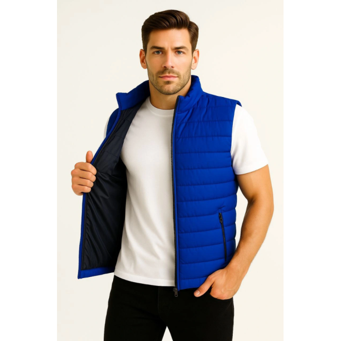 Erkek Şişme Fermuarlı Yelek Su Itici Kapitone Astarlı Kumaş Cepli Hafif Kışlık Spor Rahat Kalıp - Saks Mavisi