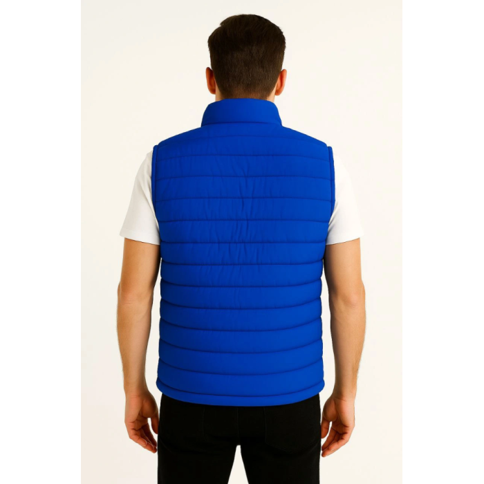 Erkek Şişme Fermuarlı Yelek Su Itici Kapitone Astarlı Kumaş Cepli Hafif Kışlık Spor Rahat Kalıp - Saks Mavisi