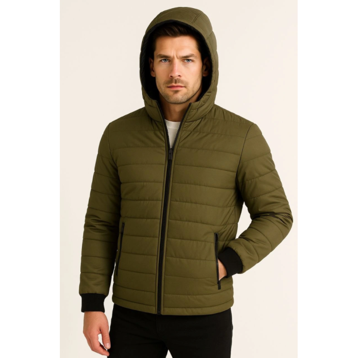 Erkek Şişme Kapüşonlu Fermuarlı Mont Su Itici Kapitone Astarlı Kumaş Cepli Kışlık Rahat Kalıp - Haki