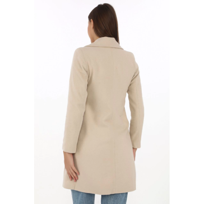 Kaşe Kaban – Siyah Yünlü Dokuma, Kruvaze Yaka, Astarlı, Cepli, Kuşaklı Uzun Boy Tesettür Uyumlu Kışlık Şık Kaban - Bej