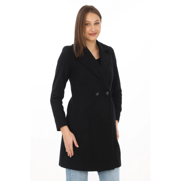 Kaşe Kaban – Siyah Yünlü Dokuma, Kruvaze Yaka, Astarlı, Cepli, Kuşaklı Uzun Boy Tesettür Uyumlu Kışlık Şık Kaban - Siyah