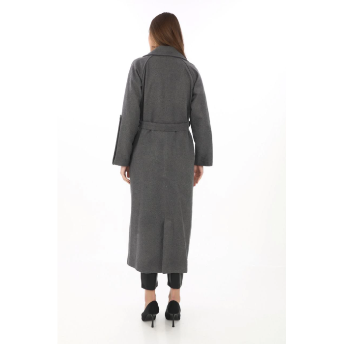 Uzun Kaşe Kaban – Yünlü Dokuma Kaşmir Kumaş, Kruvaze Yaka, Kuşaklı Astarlı Tesettür Uyumlu Şık Kışlık Siyah Model - Füme