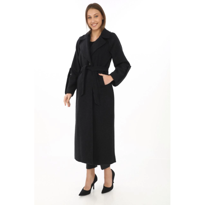 Uzun Kaşe Kaban – Yünlü Dokuma Kaşmir Kumaş, Kruvaze Yaka, Kuşaklı Astarlı Tesettür Uyumlu Şık Kışlık Siyah Model - Siyah