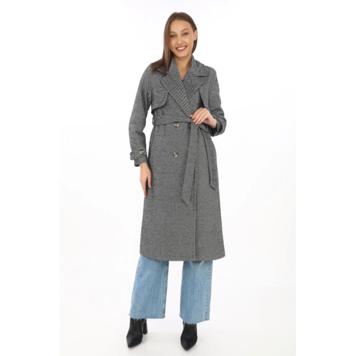 Uzun Kaşe Kaban – Balık Sırtı Dokuma Kaşmir Kumaş, Kruvaze Yaka, Kuşaklı Cepli Model, Oversize Rahat Kalıp - Boyalı Gri