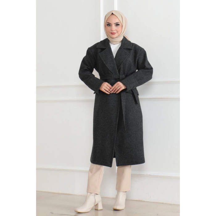 Kaşe Kaban – Uzun Boy 115 Cm Kruvaze Yaka Kuşaklı Astarlı Kışlık Tesettür Kaban, Yünlü Dokuma Kaşmir Kumaş, Cepli Oversize Rahat Kalıp Şık Modern Kaban Mont Modeli (Günlük Ve Özel Gün Kombinlerine Uygun) - Siyah
