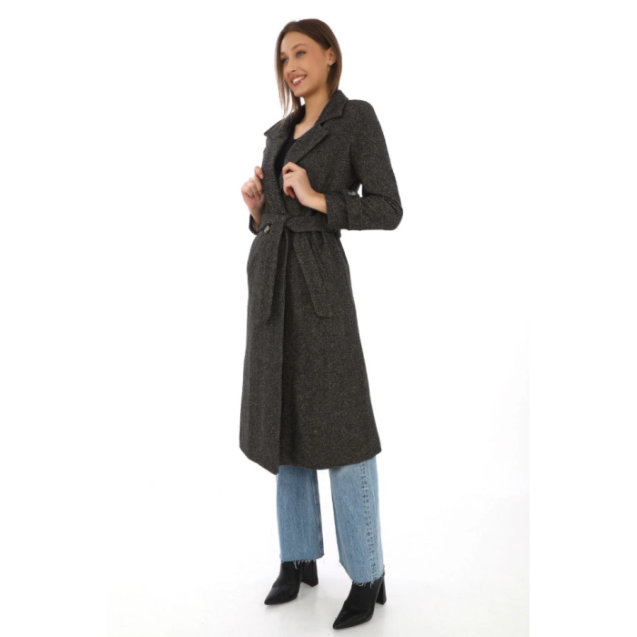 Balık Sırtı Kaşe Kaban – Uzun Boy Kruvaze Yaka Kuşaklı Astarlı Kışlık Tesettür Kaban, Yünlü Dokuma Kaşmir Kumaş, Cepli Rahat Oversize Kalıp Şık Modern Kaban Mont Modeli (Günlük Ve Özel Gün Kombinlerine Uygun) - Kahverengi