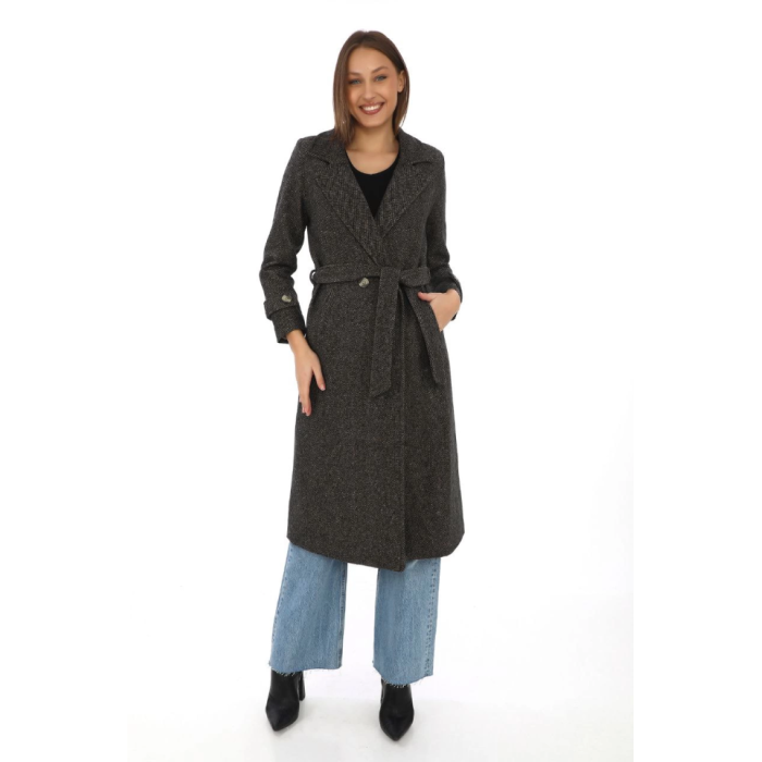 Balık Sırtı Kaşe Kaban – Uzun Boy Kruvaze Yaka Kuşaklı Astarlı Kışlık Tesettür Kaban, Yünlü Dokuma Kaşmir Kumaş, Cepli Rahat Oversize Kalıp Şık Modern Kaban Mont Modeli (Günlük Ve Özel Gün Kombinlerine Uygun) - Kahverengi