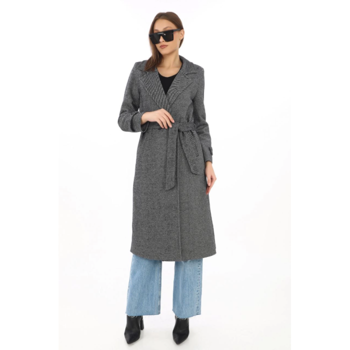 Balık Sırtı Kaşe Kaban – Uzun Boy Kruvaze Yaka Kuşaklı Astarlı Kışlık Tesettür Kaban, Yünlü Dokuma Kaşmir Kumaş, Cepli Rahat Oversize Kalıp Şık Modern Kaban Mont Modeli (Günlük Ve Özel Gün Kombinlerine Uygun) - Füme