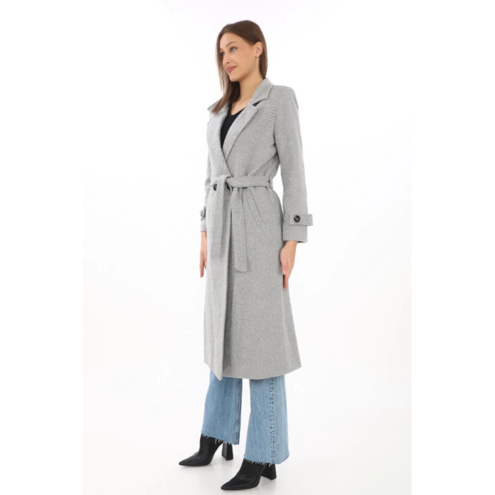 Balık Sırtı Kaşe Kaban – Uzun Boy Kruvaze Yaka Kuşaklı Astarlı Kışlık Tesettür Kaban, Yünlü Dokuma Kaşmir Kumaş, Cepli Rahat Oversize Kalıp Şık Modern Kaban Mont Modeli (Günlük Ve Özel Gün Kombinlerine Uygun) - Gri