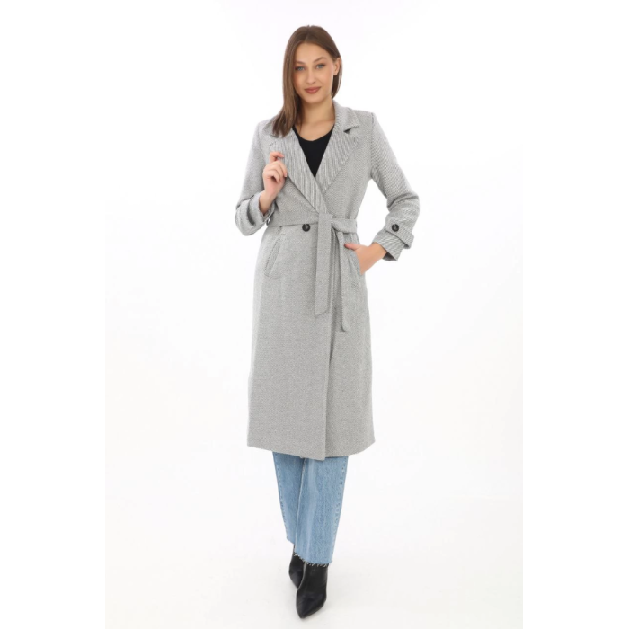 Balık Sırtı Kaşe Kaban – Uzun Boy Kruvaze Yaka Kuşaklı Astarlı Kışlık Tesettür Kaban, Yünlü Dokuma Kaşmir Kumaş, Cepli Rahat Oversize Kalıp Şık Modern Kaban Mont Modeli (Günlük Ve Özel Gün Kombinlerine Uygun) - Gri