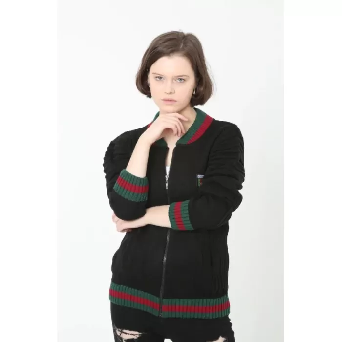 Tam Fermuarlı Triko Hırka - Siyah