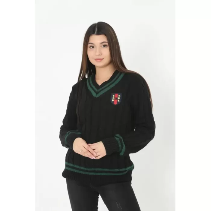 V Yaka Örgülü Kazak - Siyah