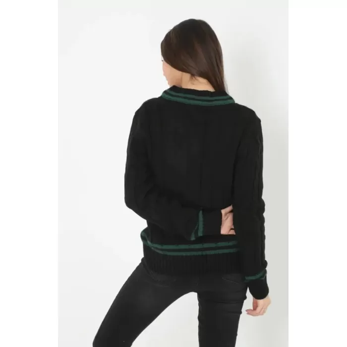 V Yaka Örgülü Kazak - Siyah