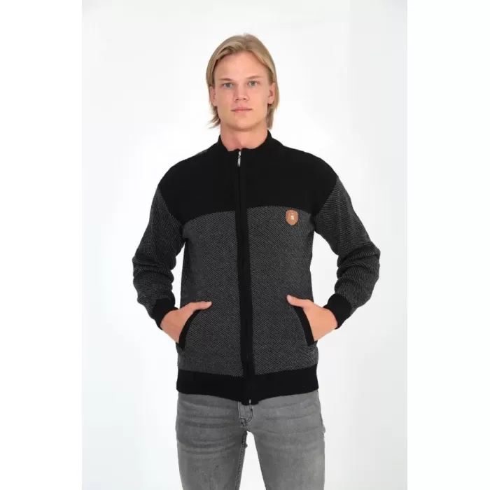 Erkek Fermuarlı Triko Hırka Yüksek Yaka, Cepli, Günlük Şık Rahat Kalıp Triko - Siyah