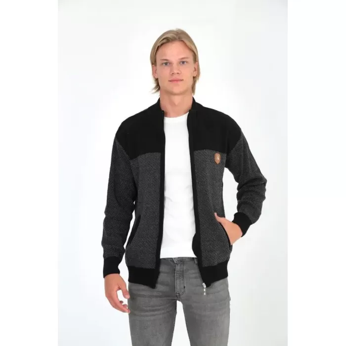 Erkek Fermuarlı Triko Hırka Yüksek Yaka, Cepli, Günlük Şık Rahat Kalıp Triko - Siyah