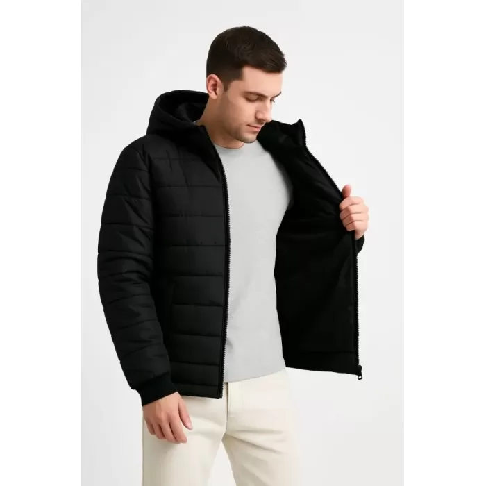 Erkek Şişme Kapüşonlu Fermuarlı Mont Su Itici Kapitone Astarlı Kumaş Cepli Kışlık Rahat Kalıp - Siyah