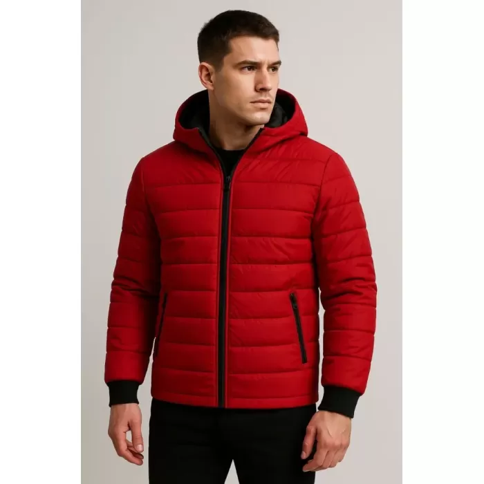 Erkek Şişme Kapüşonlu Fermuarlı Mont Su Itici Kapitone Astarlı Kumaş Cepli Kışlık Rahat Kalıp - Kırmızı