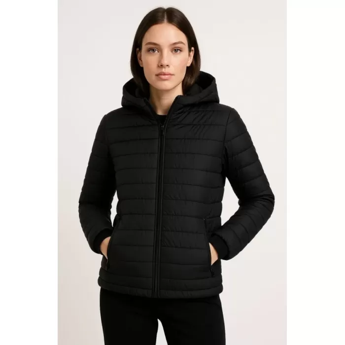 Şişme Kapüşonlu Fermuarlı Mont Su Itici Kapitone Astarlı Kumaş Cepli Kışlık Rahat Kalıp - Siyah