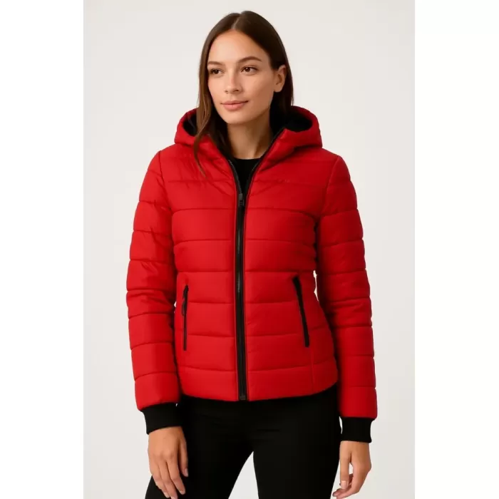 Şişme Kapüşonlu Fermuarlı Mont Su Itici Kapitone Astarlı Kumaş Cepli Kışlık Rahat Kalıp - Kırmızı