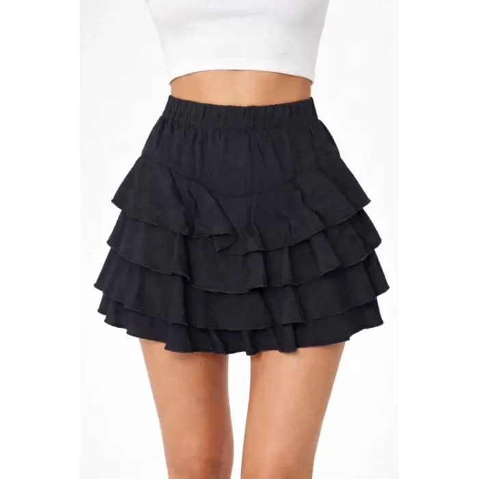 Siyah Katlı Mini Fırfıtlı Etek Lastikli Yüksel Bel, Volanlı Tasarım, Rahat Kalıp, Günlük Ve Şık Kombinelere Uygun Yazlık Etek - Siyah