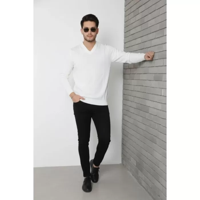 Erkek V Yaka Triko Kazak Yumuşak Dokulu Pamuklu Ince Dokuma, Uzun Kollu Rahat Regular Kalıp - Beyaz