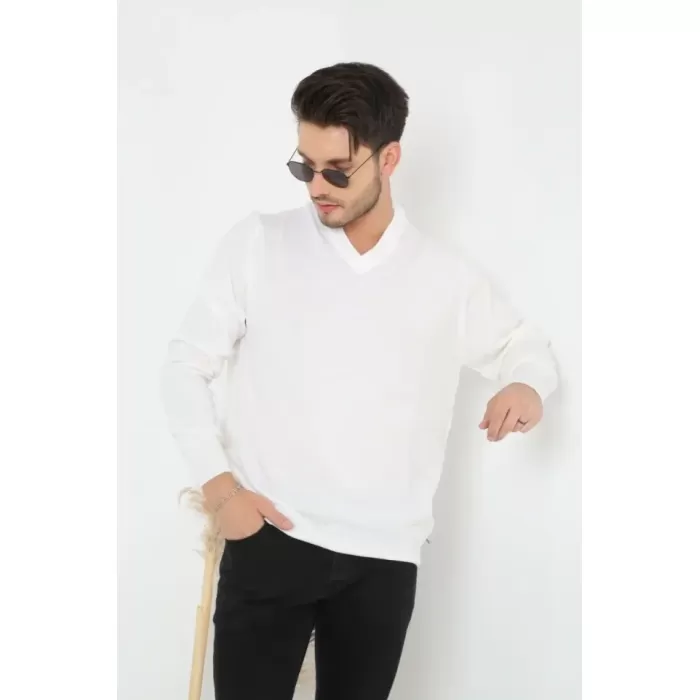 Erkek V Yaka Triko Kazak Yumuşak Dokulu Pamuklu Ince Dokuma, Uzun Kollu Rahat Regular Kalıp - Beyaz
