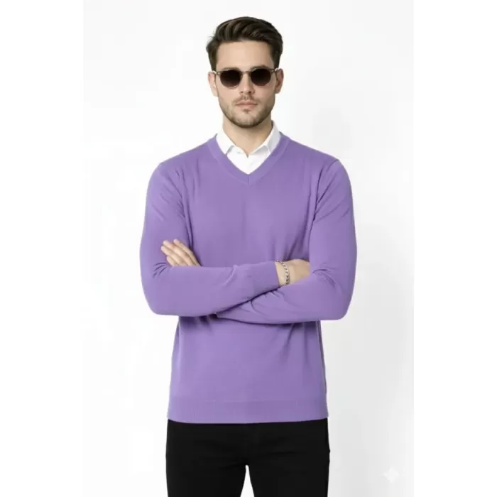 Erkek V Yaka Triko Kazak Yumuşak Dokulu Pamuklu Ince Dokuma, Uzun Kollu Rahat Regular Kalıp - Mor