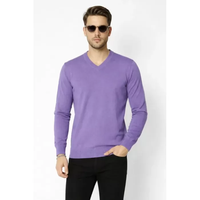 Erkek V Yaka Triko Kazak Yumuşak Dokulu Pamuklu Ince Dokuma, Uzun Kollu Rahat Regular Kalıp - Mor