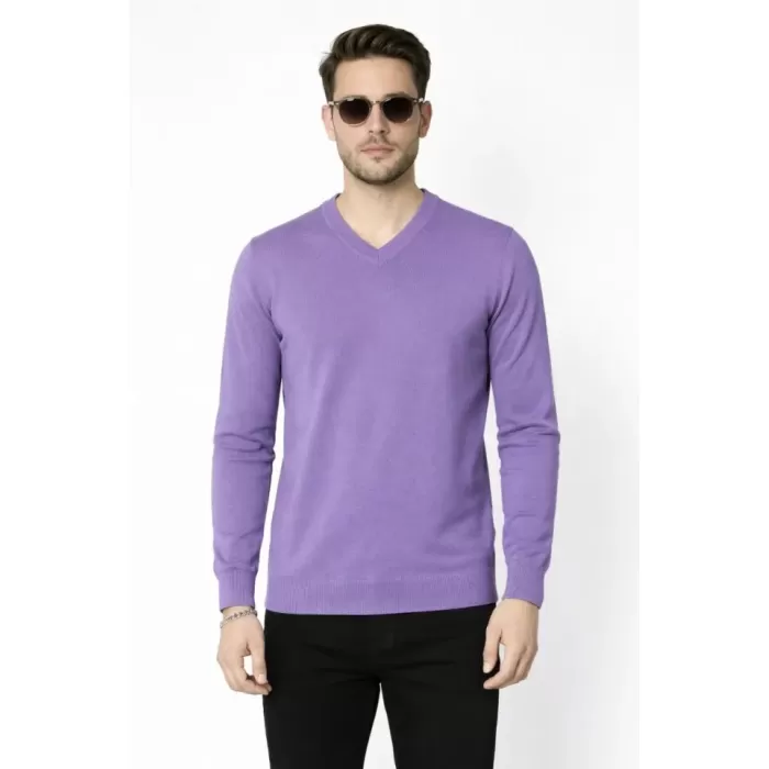 Erkek V Yaka Triko Kazak Yumuşak Dokulu Pamuklu Ince Dokuma, Uzun Kollu Rahat Regular Kalıp - Mor