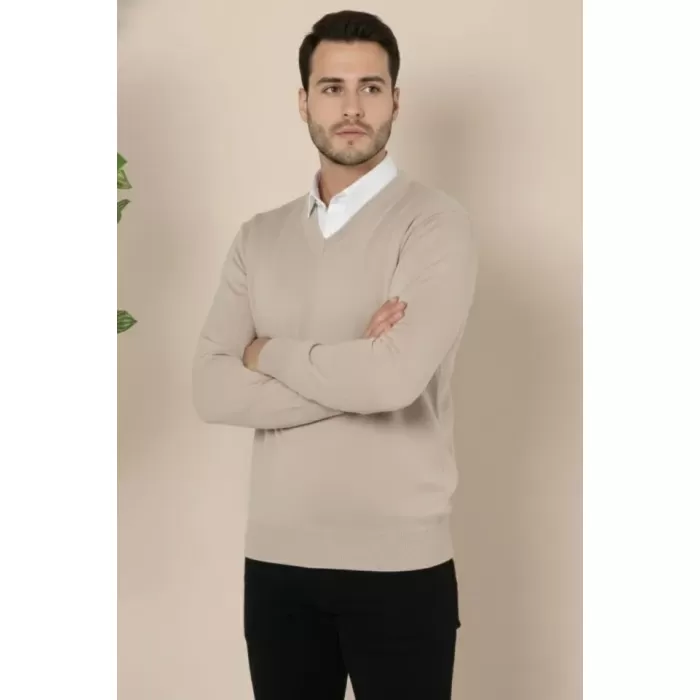 Erkek V Yaka Triko Kazak Yumuşak Dokulu Pamuklu Ince Dokuma, Uzun Kollu Rahat Regular Kalıp - Bej
