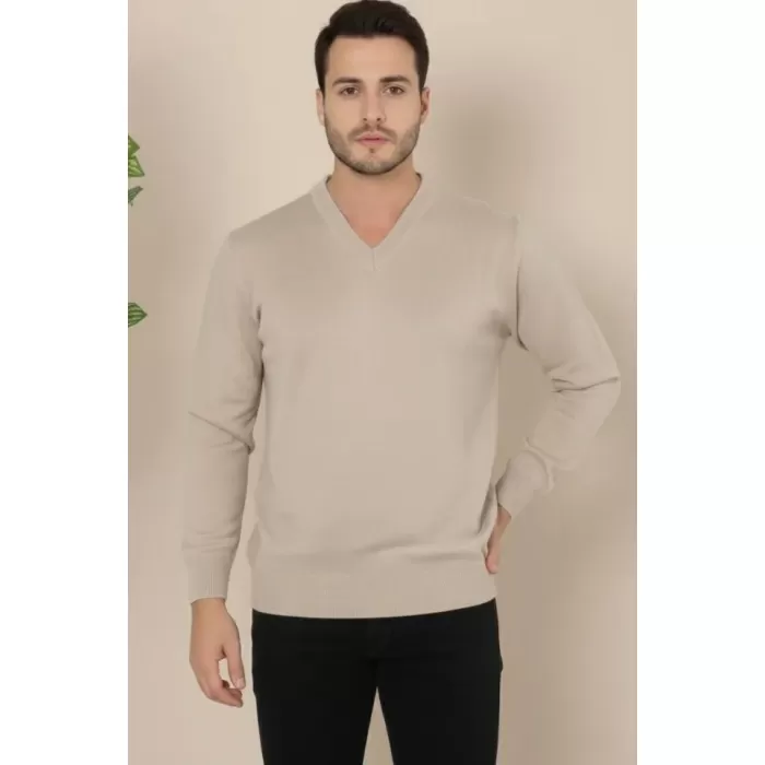 Erkek V Yaka Triko Kazak Yumuşak Dokulu Pamuklu Ince Dokuma, Uzun Kollu Rahat Regular Kalıp - Bej