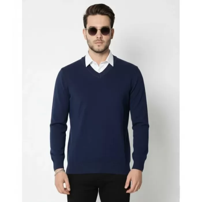 Erkek V Yaka Triko Kazak Yumuşak Dokulu Pamuklu Ince Dokuma, Uzun Kollu Rahat Regular Kalıp - Lacivert