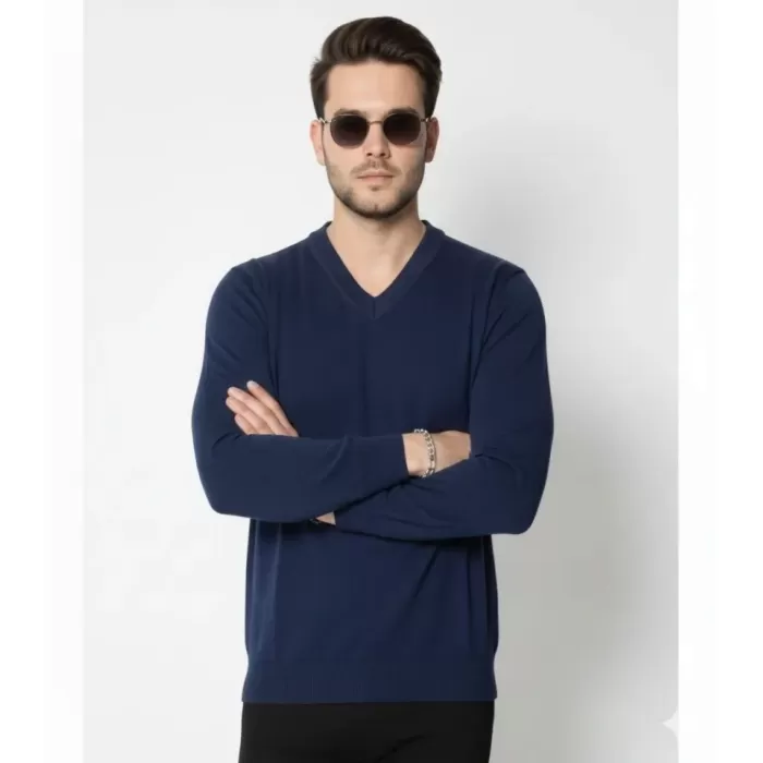 Erkek V Yaka Triko Kazak Yumuşak Dokulu Pamuklu Ince Dokuma, Uzun Kollu Rahat Regular Kalıp - Lacivert