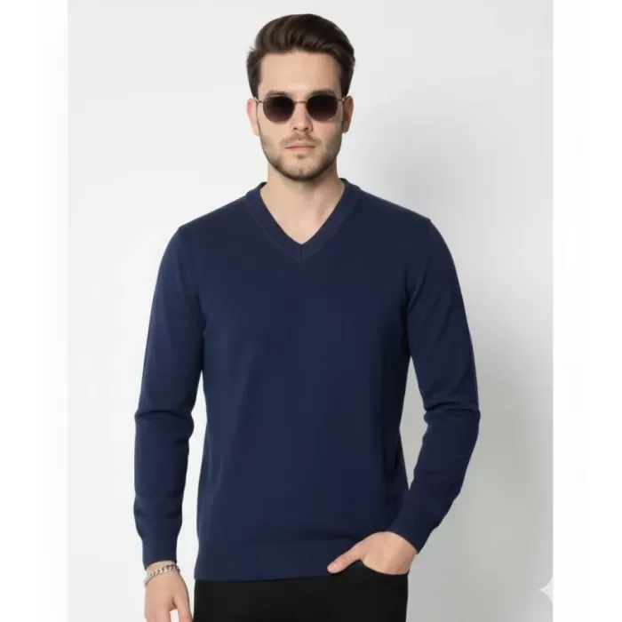 Erkek V Yaka Triko Kazak Yumuşak Dokulu Pamuklu Ince Dokuma, Uzun Kollu Rahat Regular Kalıp - Lacivert