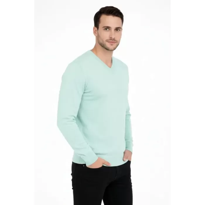 Erkek V Yaka Triko Kazak Yumuşak Dokulu Pamuklu Ince Dokuma, Uzun Kollu Rahat Regular Kalıp - Mint Yeşili