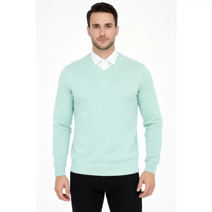 Erkek V Yaka Triko Kazak Yumuşak Dokulu Pamuklu Ince Dokuma, Uzun Kollu Rahat Regular Kalıp - Mint Yeşili