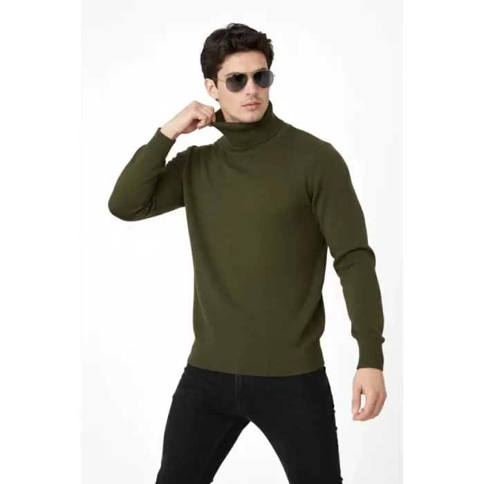 Tam Boğazlı Balıkcı Yaka Triko Kazak Yumuşak Dokulu Pamuklu Ince Dokuma, Uzun Kollu Rahat Regular Kalıp - Haki