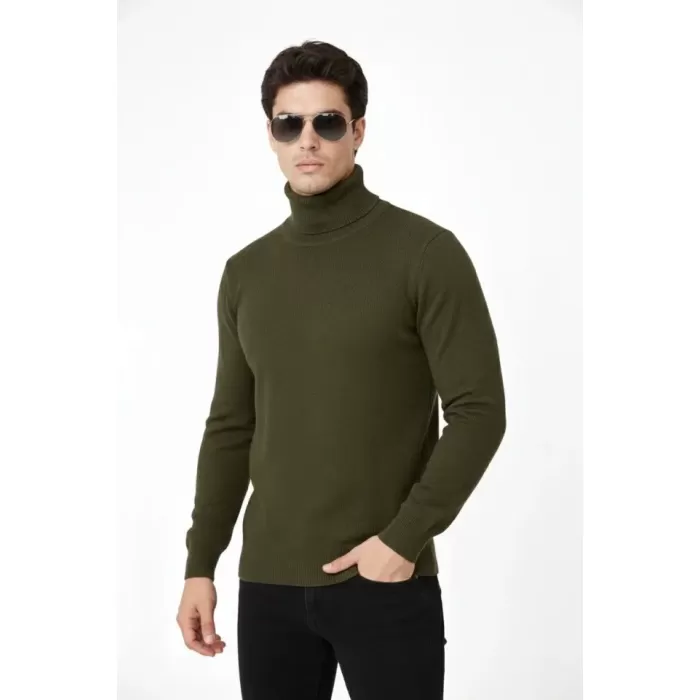 Tam Boğazlı Balıkcı Yaka Triko Kazak Yumuşak Dokulu Pamuklu Ince Dokuma, Uzun Kollu Rahat Regular Kalıp - Haki