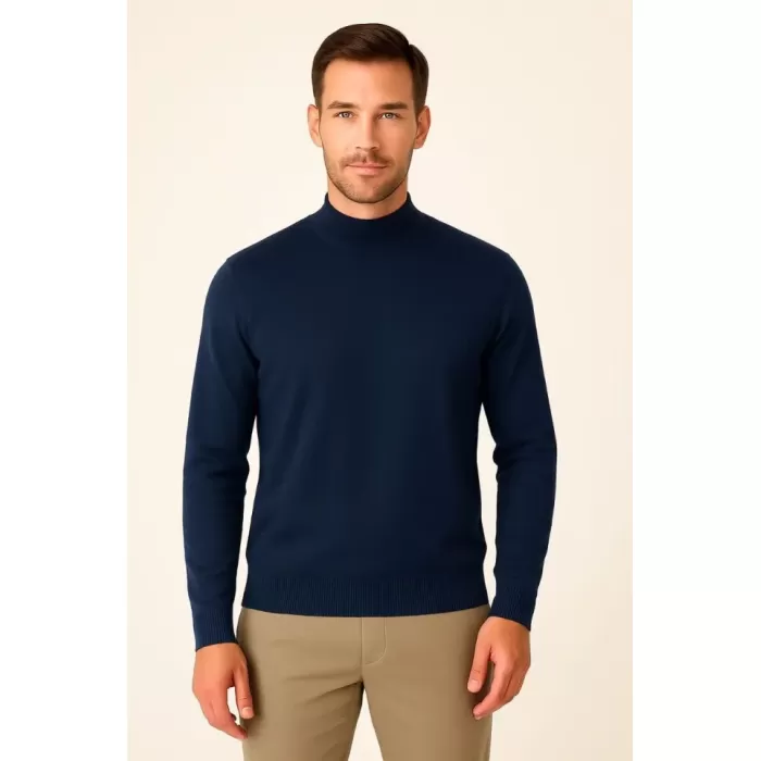 Erkek Yarım Boğaz Triko Kazak Yumuşak Dokulu Pamuklu Ince Dokuma, Uzun Kollu Rahat Regular Kalıp - Lacivert