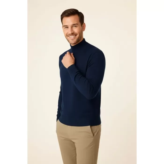 Erkek Yarım Boğaz Triko Kazak Yumuşak Dokulu Pamuklu Ince Dokuma, Uzun Kollu Rahat Regular Kalıp - Lacivert