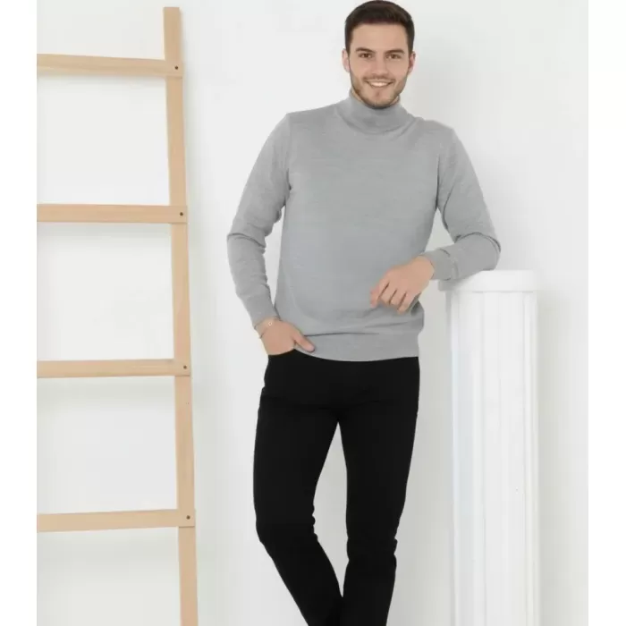 Erkek Yarım Boğaz Triko Kazak Yumuşak Dokulu Pamuklu Ince Dokuma, Uzun Kollu Rahat Regular Kalıp - Gri