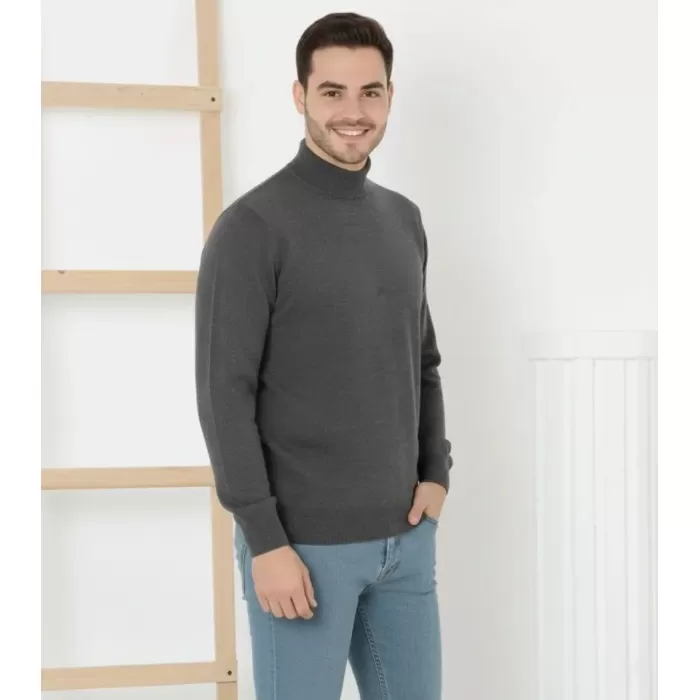 Erkek Yarım Boğaz Triko Kazak Yumuşak Dokulu Pamuklu Ince Dokuma, Uzun Kollu Rahat Regular Kalıp - Füme