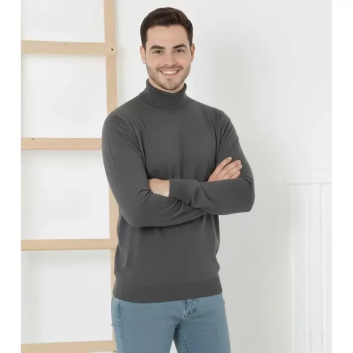 Erkek Yarım Boğaz Triko Kazak Yumuşak Dokulu Pamuklu Ince Dokuma, Uzun Kollu Rahat Regular Kalıp - Füme