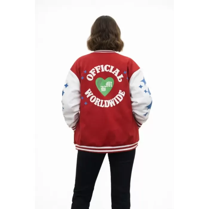 Kırmızı Varsity Çıtçıtlı Baskılı Oversize Kalıp Kolej Ceket - Kırmızı