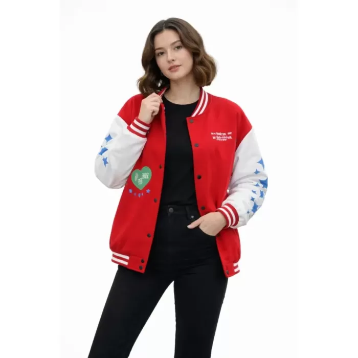 Kırmızı Varsity Çıtçıtlı Baskılı Oversize Kalıp Kolej Ceket - Kırmızı