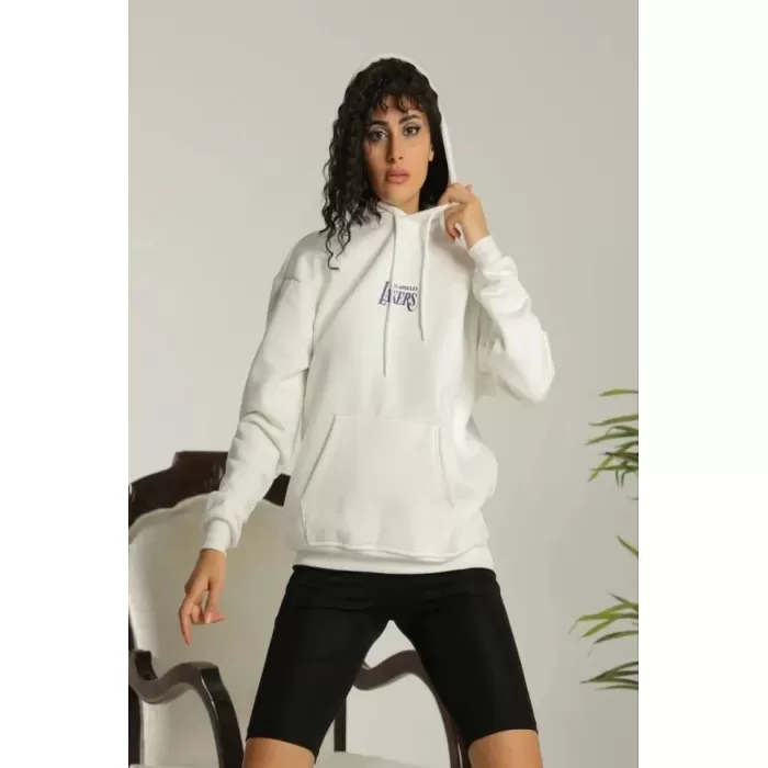 24 Sırt Baskılı Ovresize Üç İplik Kapüşonlu Sweatshirt - Beyaz