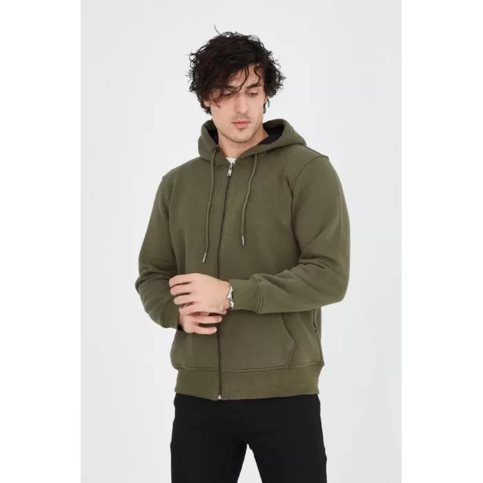 Erkek Kapüşonlu Düz Fermuarlı Hırka - Yeşil